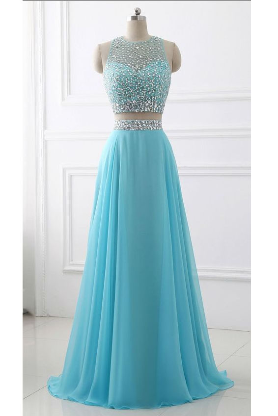 Blue Two Piece Chiffon Beaded Sparkle Long Prom Dress,two Piece Round Neck Sleeveless Junior Party Dress,formal Gowns,p226