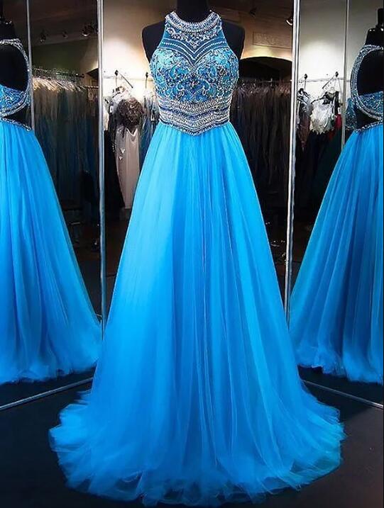 A-line Blue Tulle Prom Gown,princess Jewel Sleeveless Brush Train Beading Tulle Dresses,sweep Train Party Dress,p232