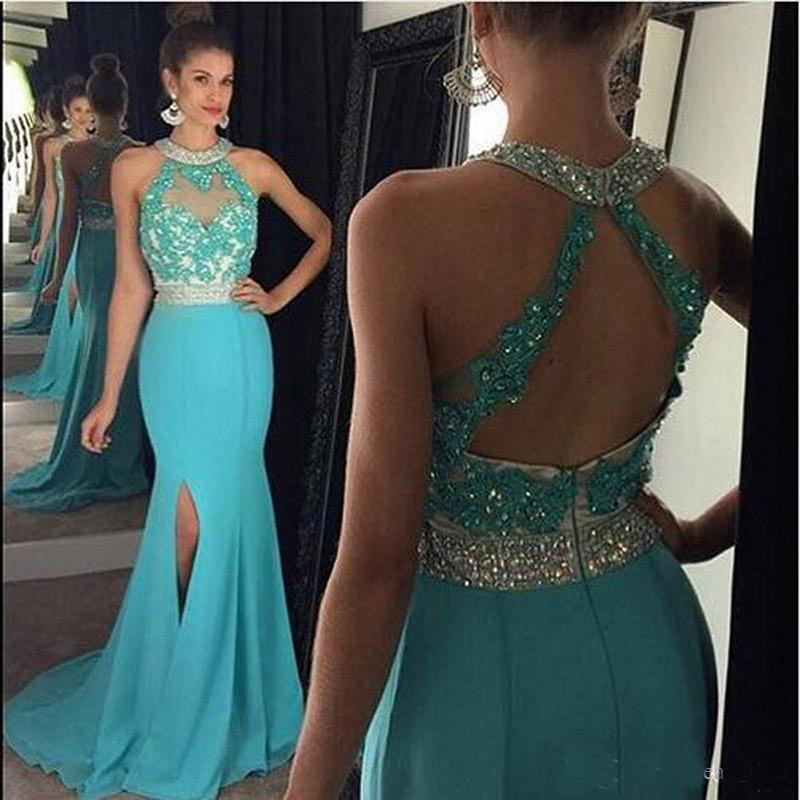 Turquoise Mermaid Prom Dresses,long Jewel Appliqued Beading Chiffon Evening Dress Party Gown,long Open Back Split Prom Dress,p239