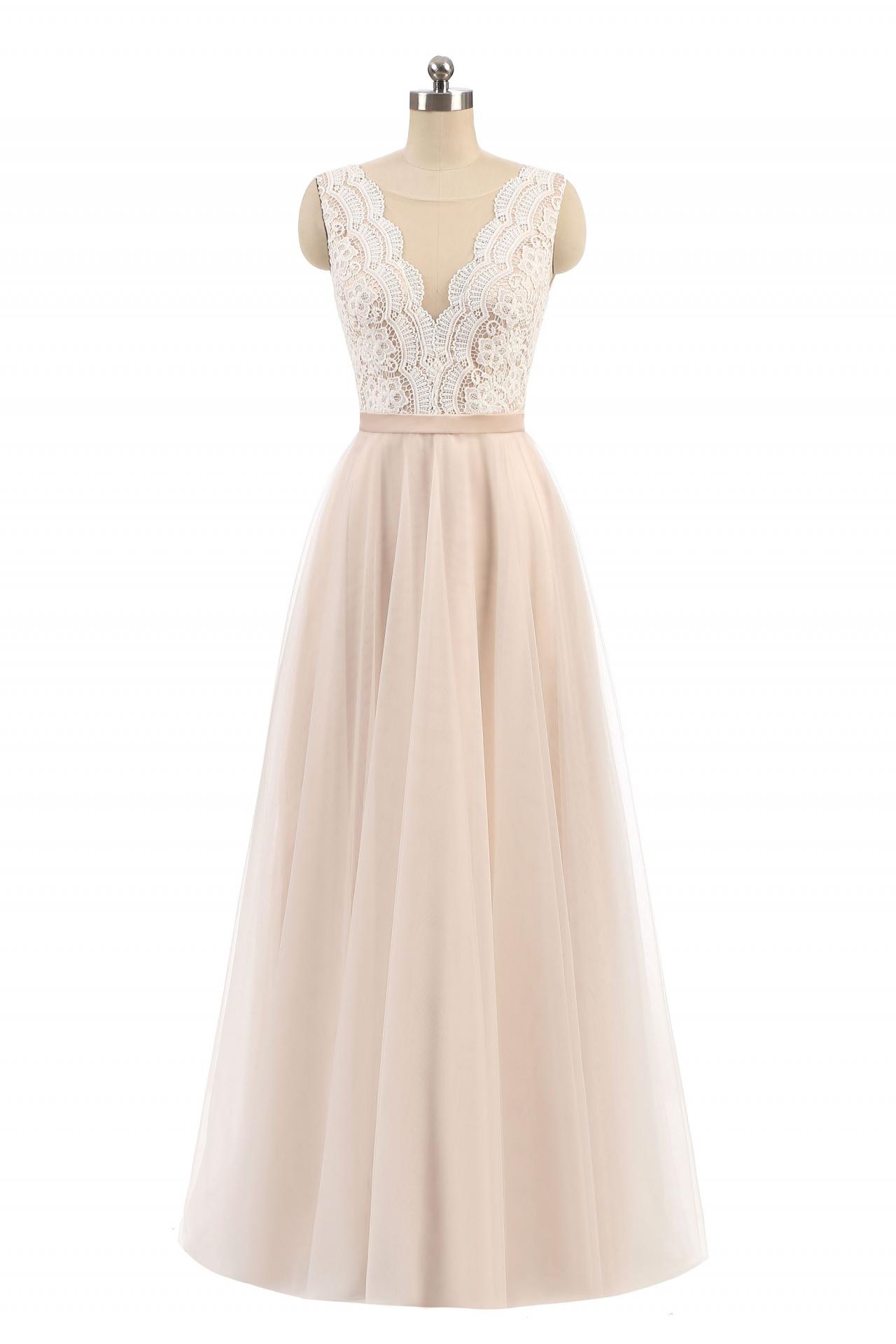 Light Champagne A-line V-neck Sleeveless Tulle Long Prom Dress,elegant Wedding Dress,beach Wedding Dress,p240