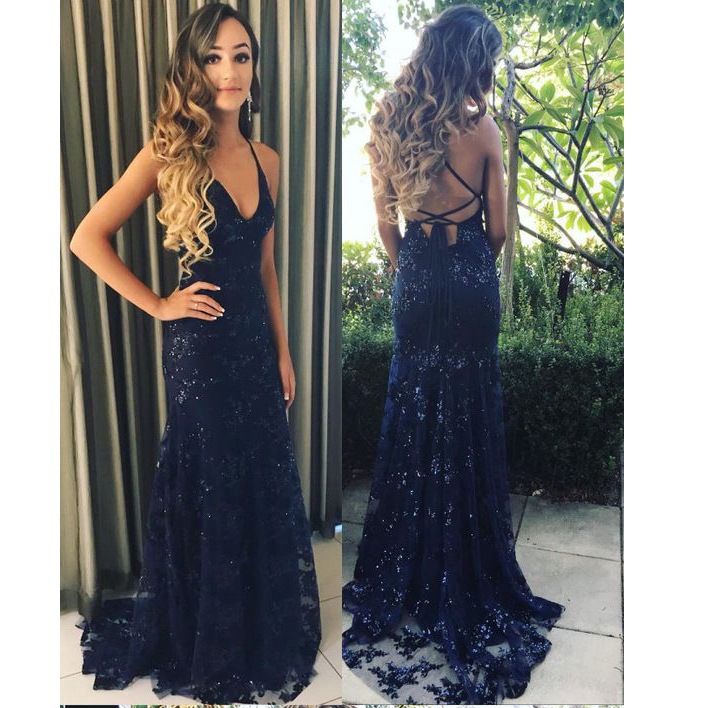 navy blue spaghetti strap prom dress