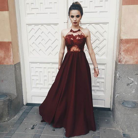 A-line Sexy Halter Sleeveless Prom Dresses,dark Red Illusion Bodice Halter Long Party Gowns A Line Custom Made Evening Prom Dress,p243