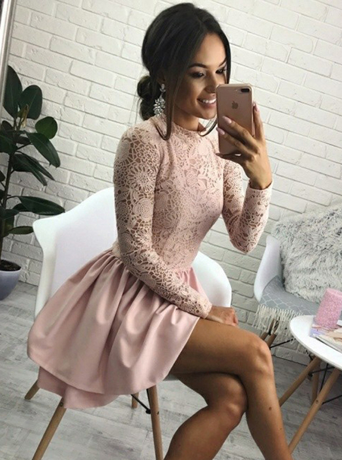 A-line Round Neck Long Sleeves Pink Satin Homecoming Dress With Lace,sweet 16 Dress,short Prom Dress,cute Cocktail Dress,h162