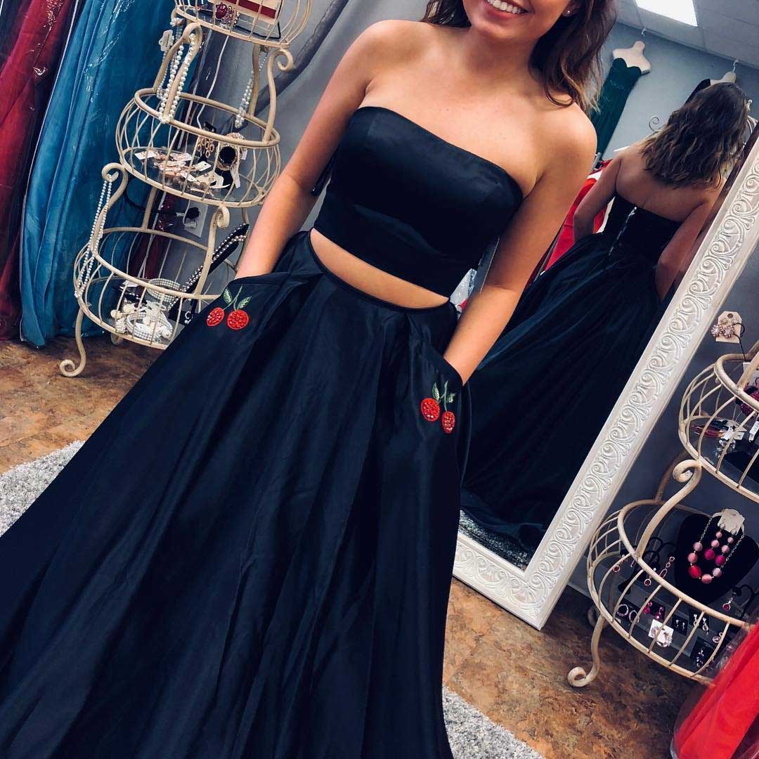 Two Piece Prom Dress,dark Navy Strapless A Line Sexy Long Prom Dress With Pockets,elegant Evening Dresses,p248
