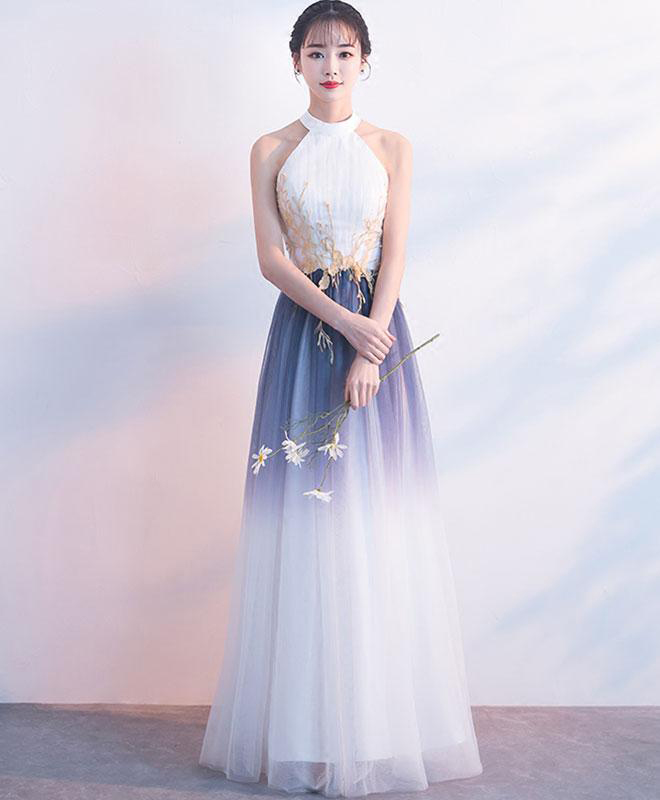 Gradient Purple A Line Sleeveless Jewel Tulle Long Prom Dress,elegant Floor Length Evening Dress With Appliques P254