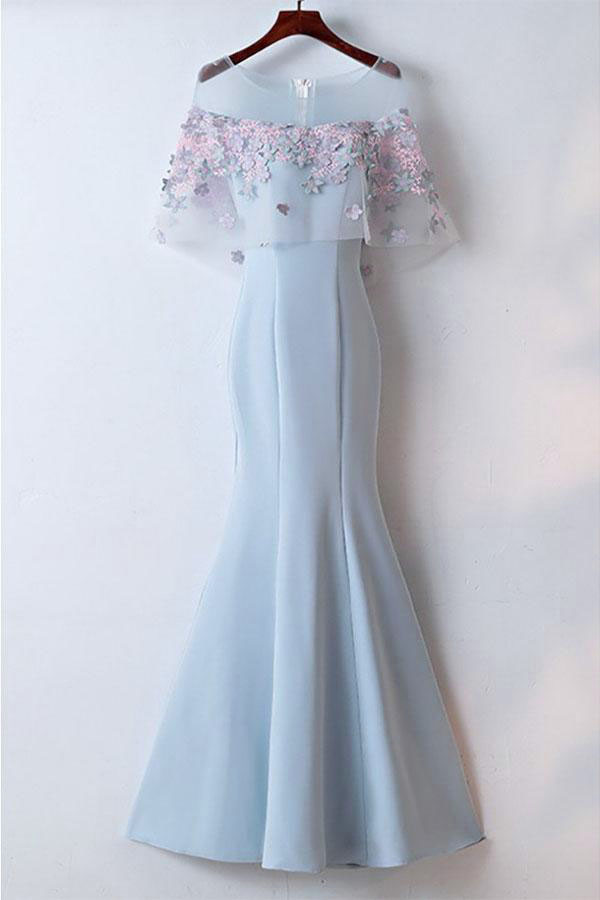 Pretty Light Blue Mermaid Long Prom Dress With Flowers Elegant Long Evening Dresses Style Unique Prom Gown P255