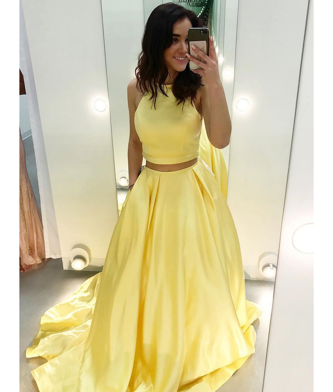 Two Piece Yellow Satin Formal Dress, Long Simple Prom Dresses, Sleeveless Evening Dresses P258