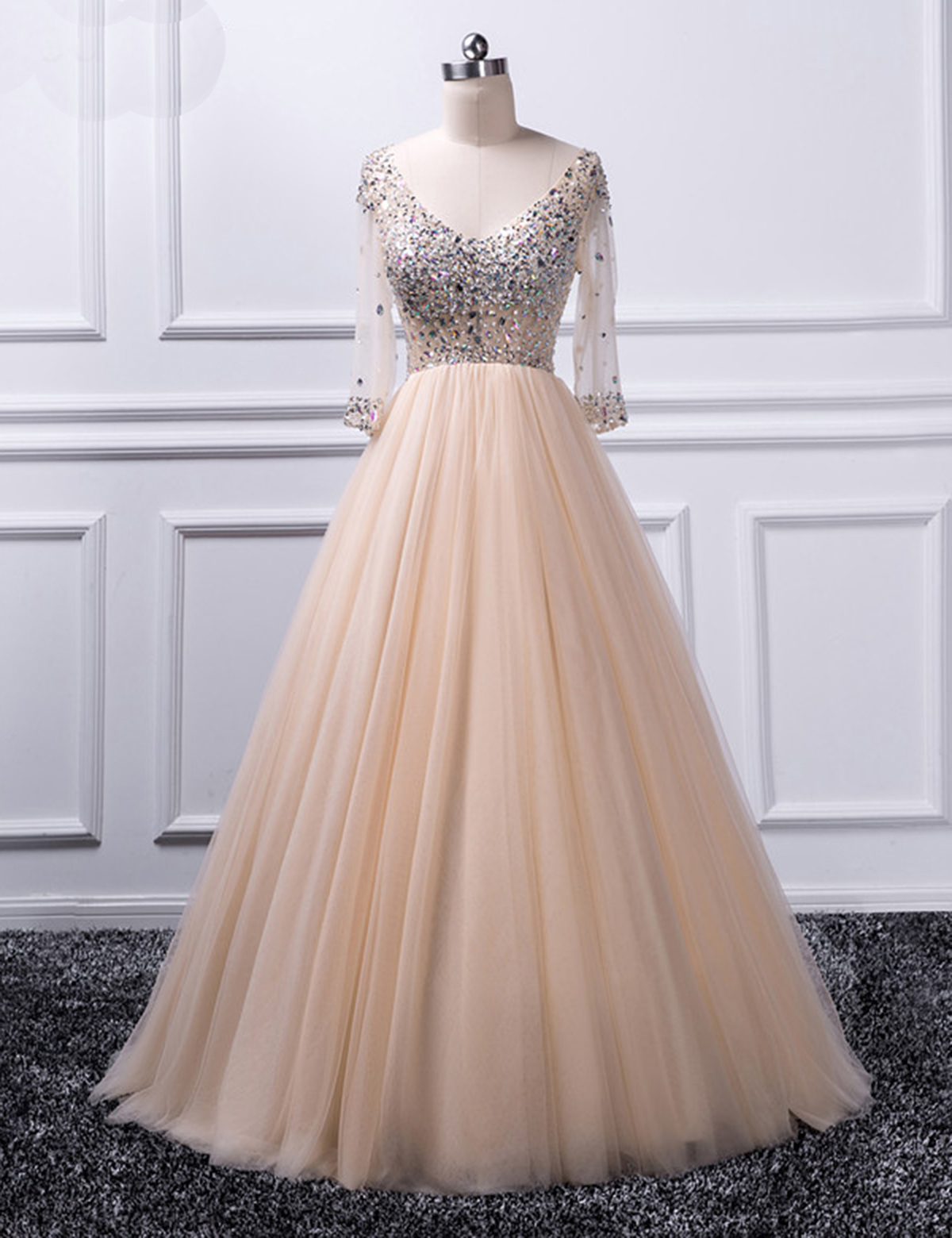 A Line Champagne Prom Dress With Sleeves,long V Neck Tulle Prom Gown With Beading, Glitter Evening Dress With Crystals, P261