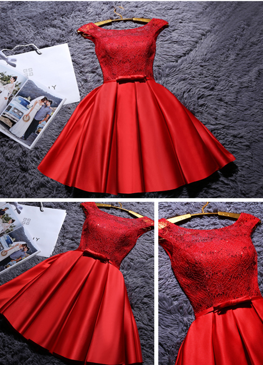 Red Short Satin Homecoming Dress, Cute A Line Mini Graduation Dress With Belt, Short Ruched Prom Dress With Lace H171