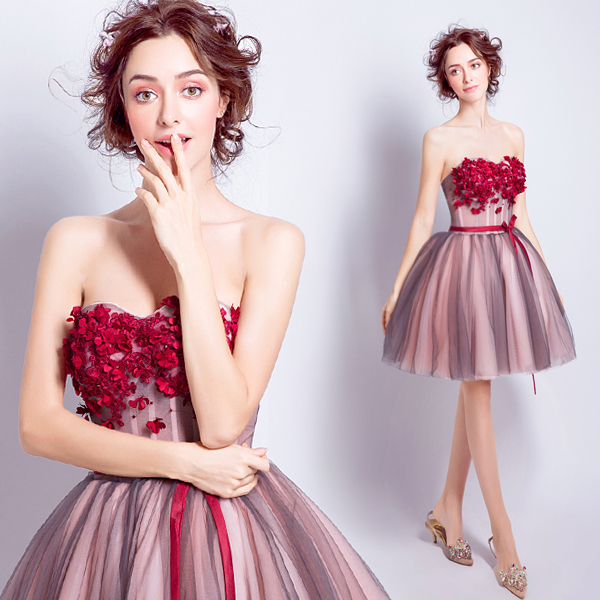 Mini Strapless Sweetheart Homecoming Dress With Flowers, Sexy Tulle Homecoming Dress With Belt, Cute Cocktail Dress With Burgundy Flowers H172