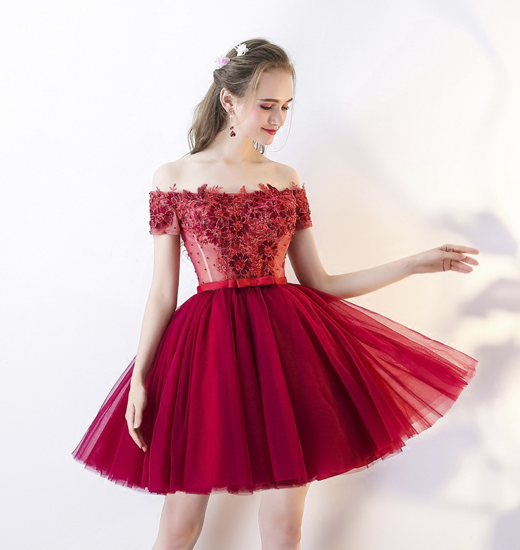 Burgundy Princess Short Tulle Prom Dress with Appliques,Cute Off Shoulder Beading Homecoming Dress with Flowers, Cocktail Dress with Bowknot H175