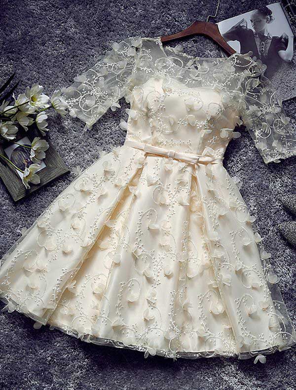 Unique Short Cocktail Dress Champagne Tulle Sleeves Party Dress With Flowers, A Line Princess Homecoming Dress H176