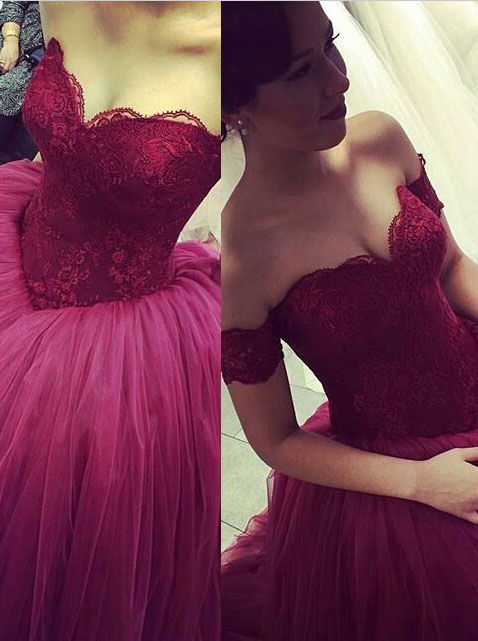 Ball Gown Fuchsia Off-the-shoulder Floor Length Tulle Appliqued Prom Dresses,modern Off Shoulder Wedding Dress P263