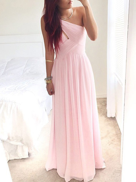Simple Dress Elegant One-shoulder Long Pink Chiffon Prom Dress, Floor Length Chiffon Bridesmaid Dress With Pleats, P264