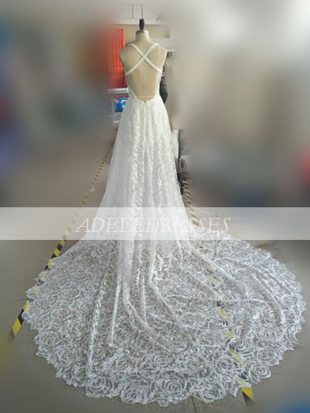 Straps Long Lace Wedding Dress, Sexy Sleeveless Lace Beach Wedding Gown, Elegant Lace Bridal Dresses W083