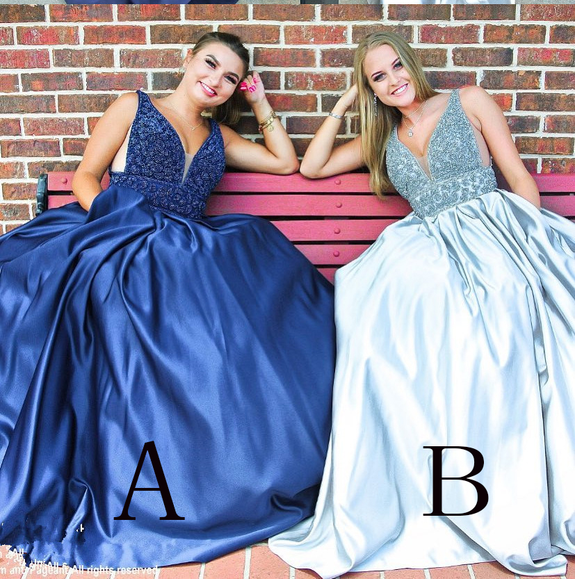 Light Blue V Back Long Beading Prom Dress, Chic Sleeveless Evening Dress With Pockets, A Line Sparkly Prom Gown P268