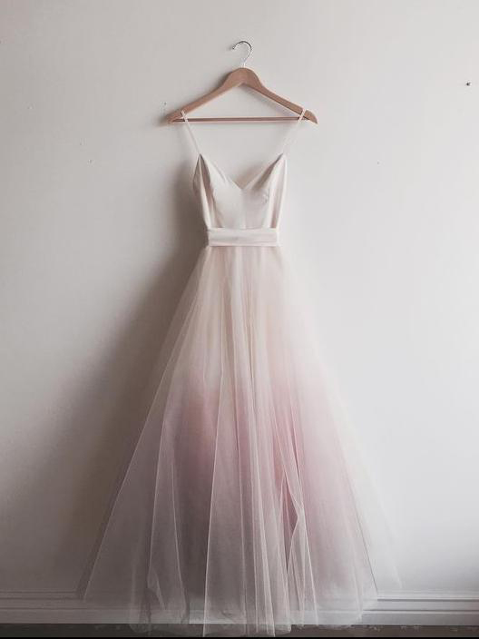 Chic Ombre Pink Prom Dresses, Spaghetti Straps A-line Floor-length Long Prom Dress, Tulle Long Prom Dress P269
