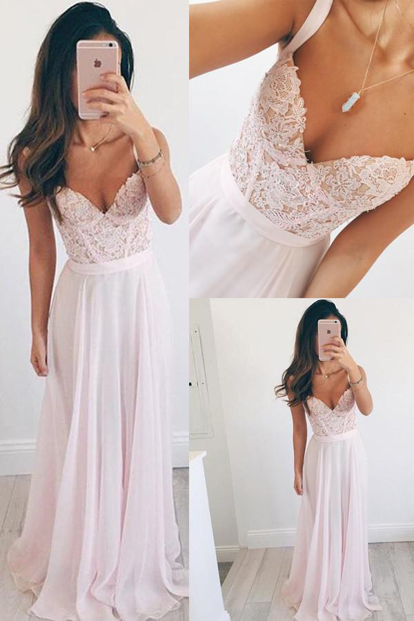Baby Pink V-neck Long Chiffon Long Prom Dress Evening Dress With Lace Top, Straps Chiffon Long Gown P275