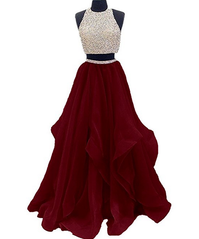 Two Piece Jewel Floor Length Burgundy Prom Dress Sequined Open Back Evening Gown,two Piece Prom Dress,a Line Organza Evening Dress P278
