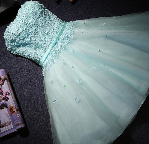 Tiffany Blue Strapless Mini Homecoming Dress With Lace Up Back, A Line Short Prom Dress With Lace Beads H184
