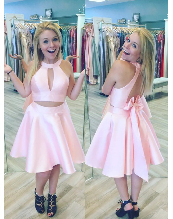 Princess Short Pink Homecoming Dress With Key Hole, Two Piece Mini Short Prom Dress, A Line Jewel Sleeveless Homecoming Gown H192