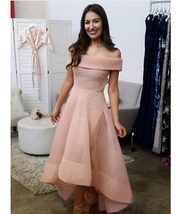 A Line Off The Shoulder High Low Blush Pink Homecoming Dress, Unique Prom Dress, Selling Off The Shoulder Party Dress H194