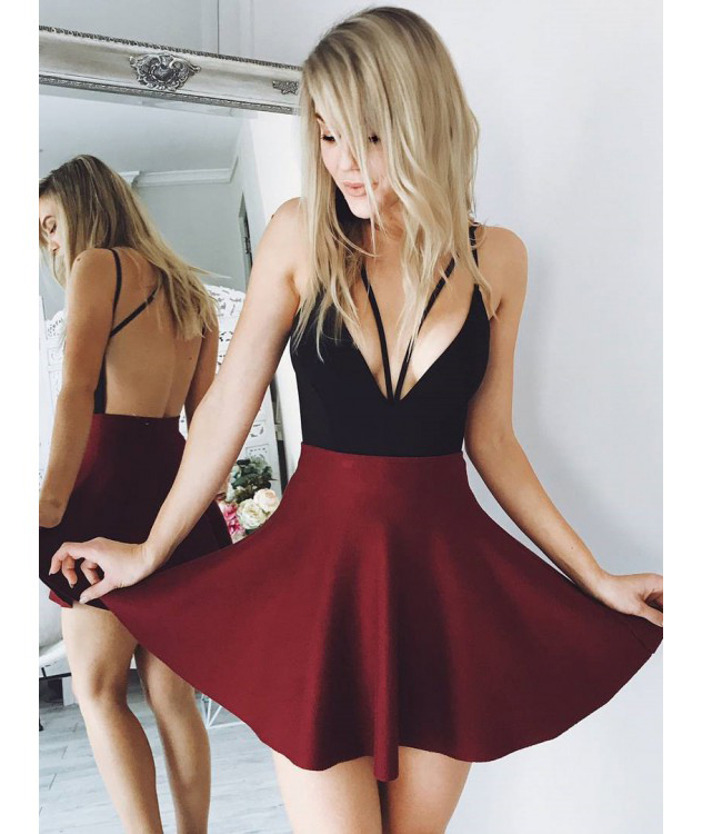Sexy Straps Short Burgundy Homecoming Dress, Mini Sleeveless Satin Prom Dresses, Simple Deep V Neck Homecoming Gown H195