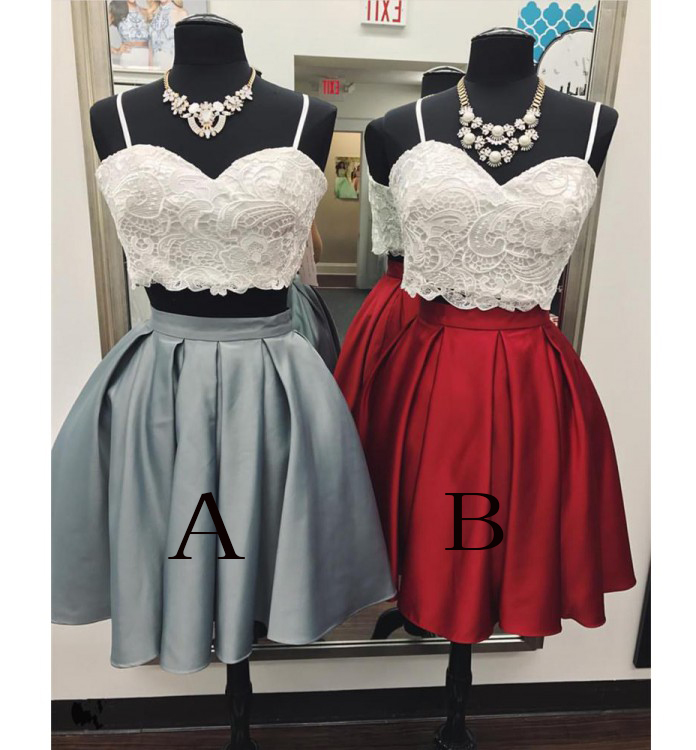 Two Pieces Prom Dress, Spaghetti Straps Sweetheart Mini Homecoming Gown, Lace Top Cute Dress, H197