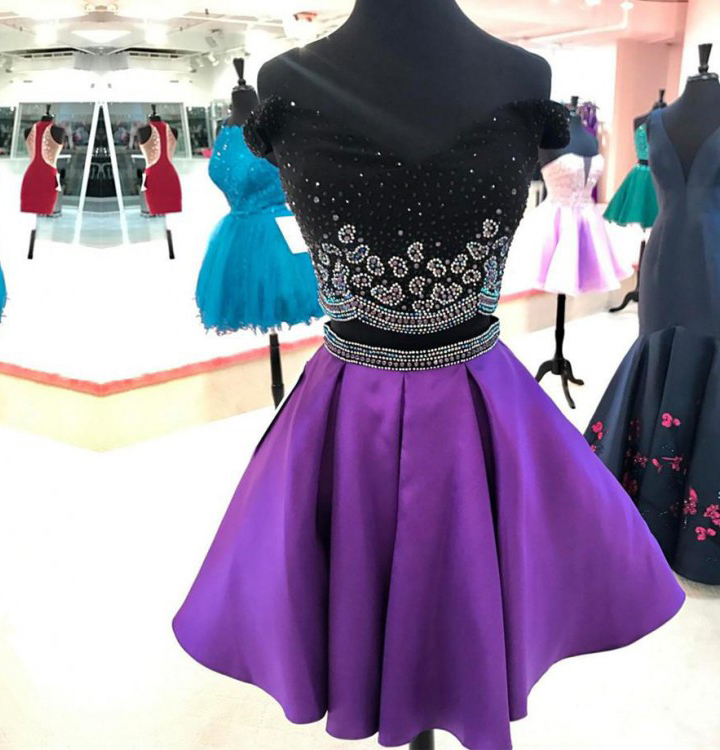 Purple Off The Shoulder Homecoming Dress, Black Top Beading Homecoming Gown, Two Pieces Prom Dress, Cute Sweet 16 Dress, H198