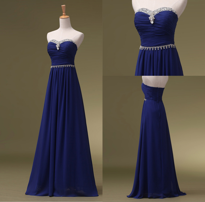 Royal Blue Strapless Chiffon Bridesmaid Dress With Beading, Floor Length Sweetheart Prom Dress With Beads Belt B055
