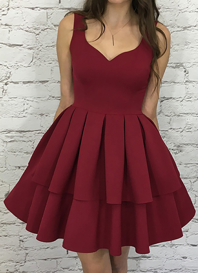 A-line Scoop Short Burgundy Tiered Homecoming Dress, Short Sleeveless Two Layers Ruched Pom Dress, Cute Graduation Dresses H204