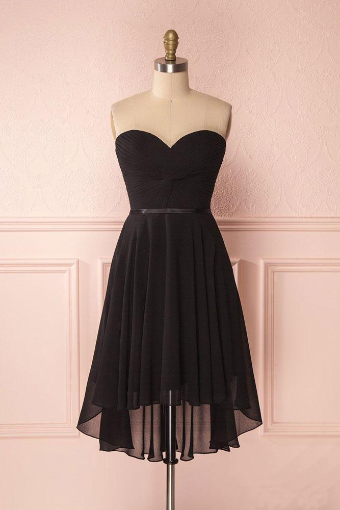 Black Sweetheart High Low Chiffon Dress, A Line Strapless Lace Up Back Sweet 16 Dress, Short Prom Dress H212