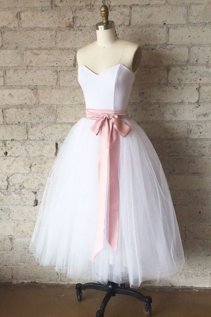 White Sweetheart Tulle Tea Length Homecoming Dress With Pink Belt, Simple Tea Length Prom Dress, Bridesmaid Dresses H213