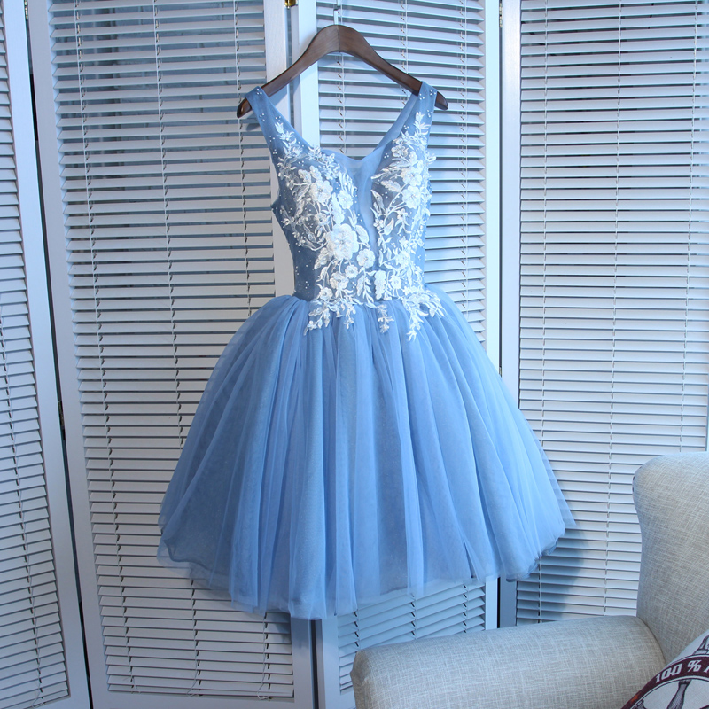 Cute Blue V Neck Tulle Short Prom Dress, Mini Appliqued Homecoming Dresses, A Line Sleeveless Graduation Dress With Beads H214