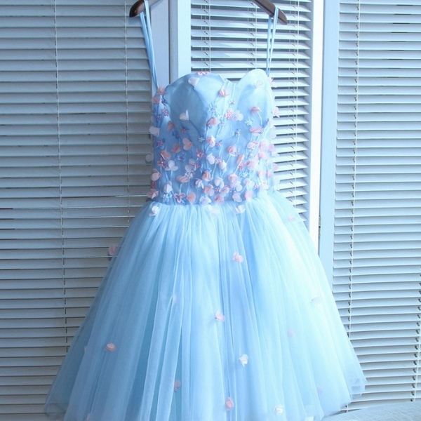 Light Blue Sweetheart Handmade Flower Appliques Tulle Lace Up Princess Homecoming Dresses,short Strapless Tulle Prom Dresses H215