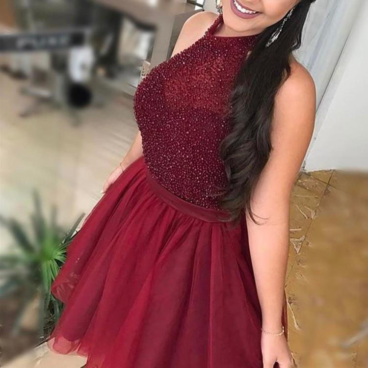 Burgundy High Neck Tulle Short Homecoming Dress With Beads, Cute Mini Prom Dresses, A Line Burgundy Party Dress H217