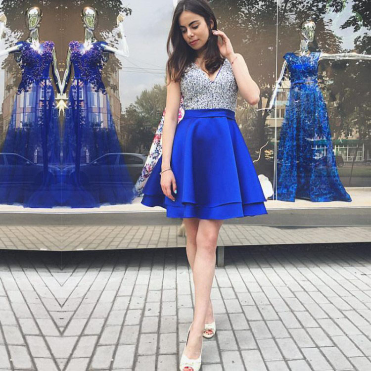 Royal Blue V Neck Short Prom Dresses With Sequins, A Line Sleeveless Party Dress, Sparkle Homecoming Gown H220