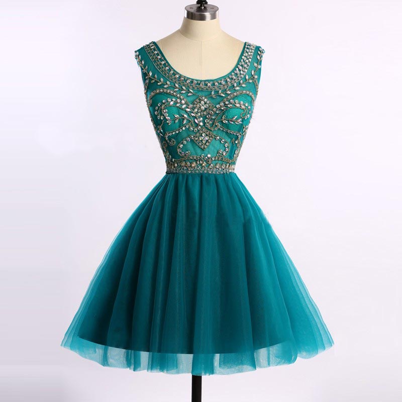 Modern A-line Jade Sleeveless Prom Dress, Short Scoop Sleeveless Ruched Tulle Homecoming Dress With Beading H222
