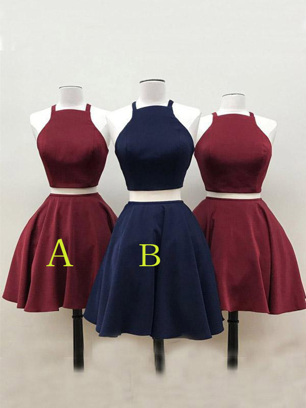 Two Piece Burgundy Homecoming Dress, Navy Blue Short 2 Piece Prom Dress, Mini Graduation Dresses, Criss-cross Straps Back Dress H228