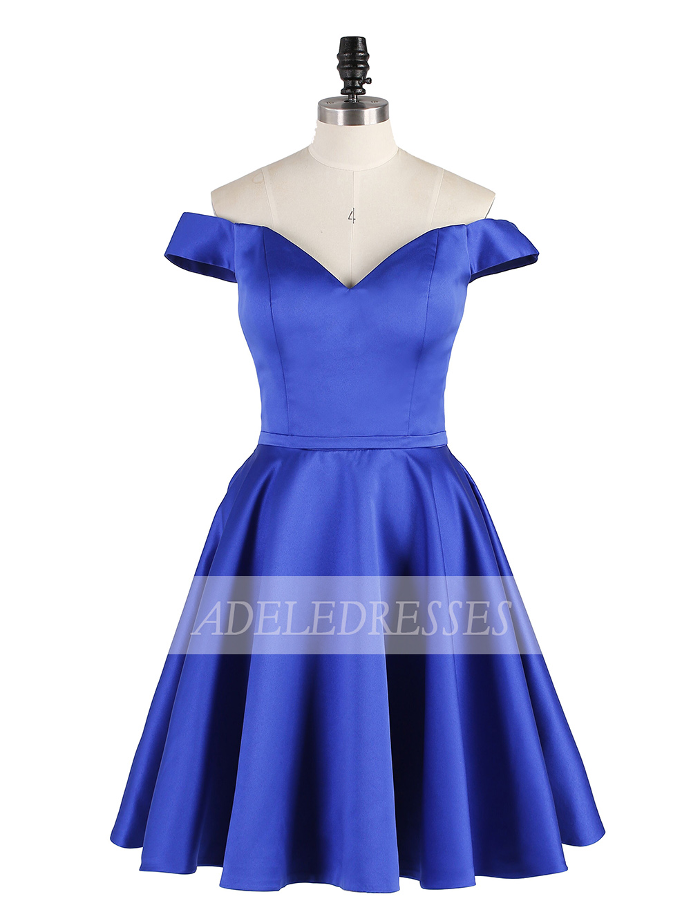 Royal Blue Satin Homecoming Dress, A Line Off Shoulder Ruched Short Prom Dress, Mini Homecoming Gown H230