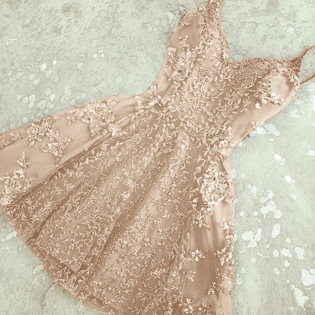 Champagne Spaghetti Straps Lace Homecoming Dress, Mini V Neck A Line Short Prom Dress, Champagne Lace Cocktail Dress H231