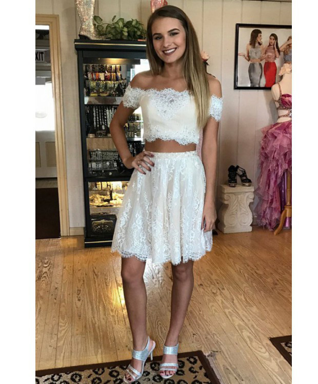 Two Piece Prom Dress, Lace Off Shoulder Homecoming Dress, Two Pieces Lace Short Prom Dress, A Line Off The Shoulder Party Dress H232