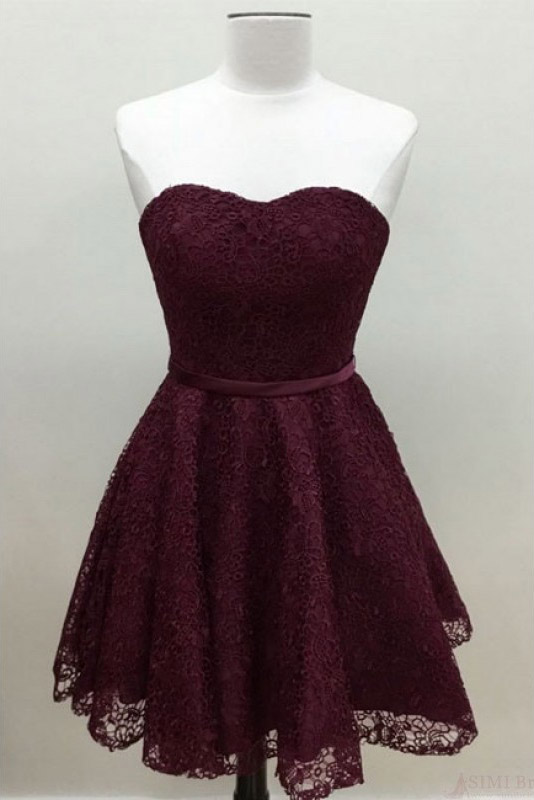 A Line Knee Length Sweetheart Homecoming Dress, Lace Homecoming Gown, Strapless Graduation Dress With Belt H248