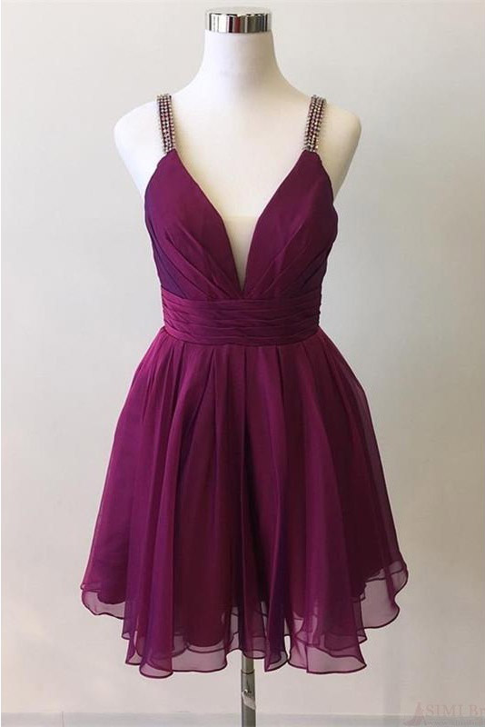 Short Chiffon Homecoming Dress With Pleats, A Line V Neck Graduation Dress With Beading Straps, Mini Pleating Homecoming Gown H249
