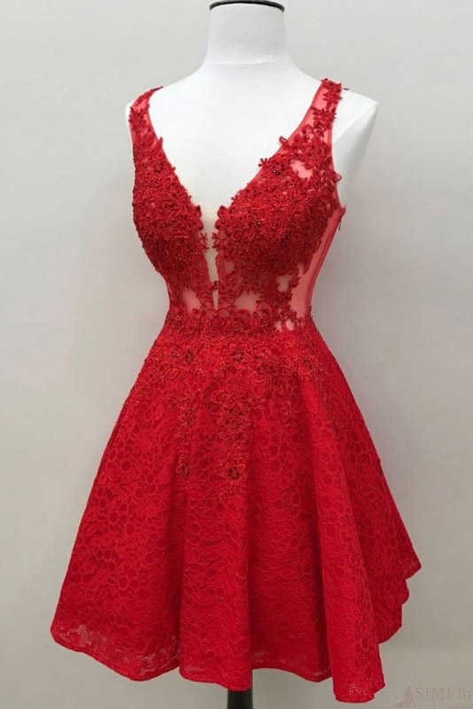 Red V-neck Lace Homecoming Dresses, Short Lace Sleeveless Sweet 16 Dresses, A Line Lace Graduation Dress H250