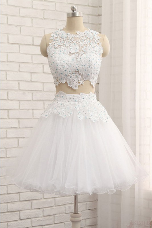 Two Piece Prom Dress, 2 Pieces Tulle Homecoming Dress with Lace, A Line Mini Homecoming Dress with Beads, H253