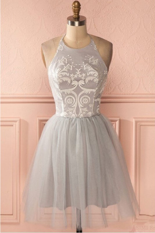 Silver Grey Halter Short Homecoming Dresses, A Line Tulle Appliqued Graduation Dress, Sweet 16 Dress H256