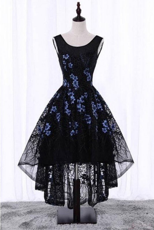 High Low Sleeveless Lace Homecoming Dress, A Line Black High Low Prom Dress, Unique High Low Graduation Dresses H259