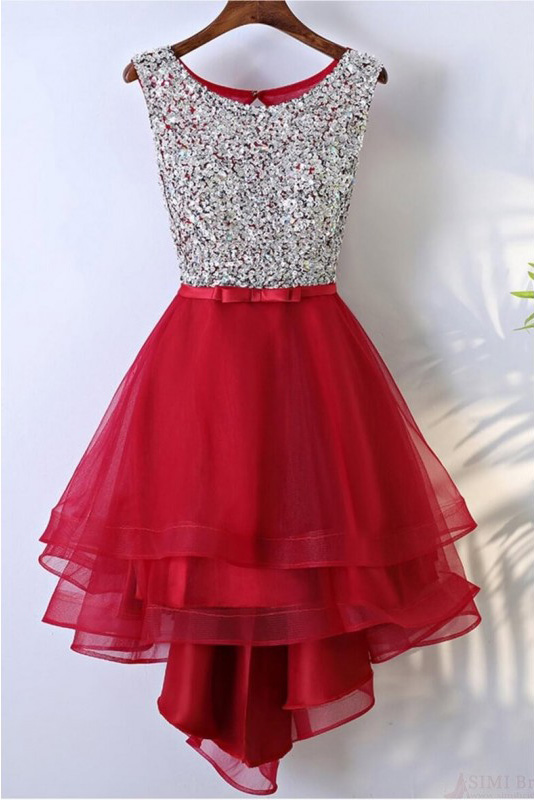 High Low Red Tulle Homecoming Dress With Belt, A Line Sleeveless Tulle Prom Dress H261