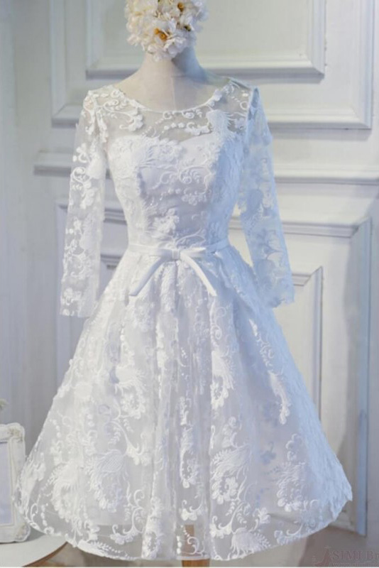 White Long Sleeves Lace Homecoming Dress, Knee Length Lace Prom Dress, A Line Long Sleeves Lace Graduation Dress H265